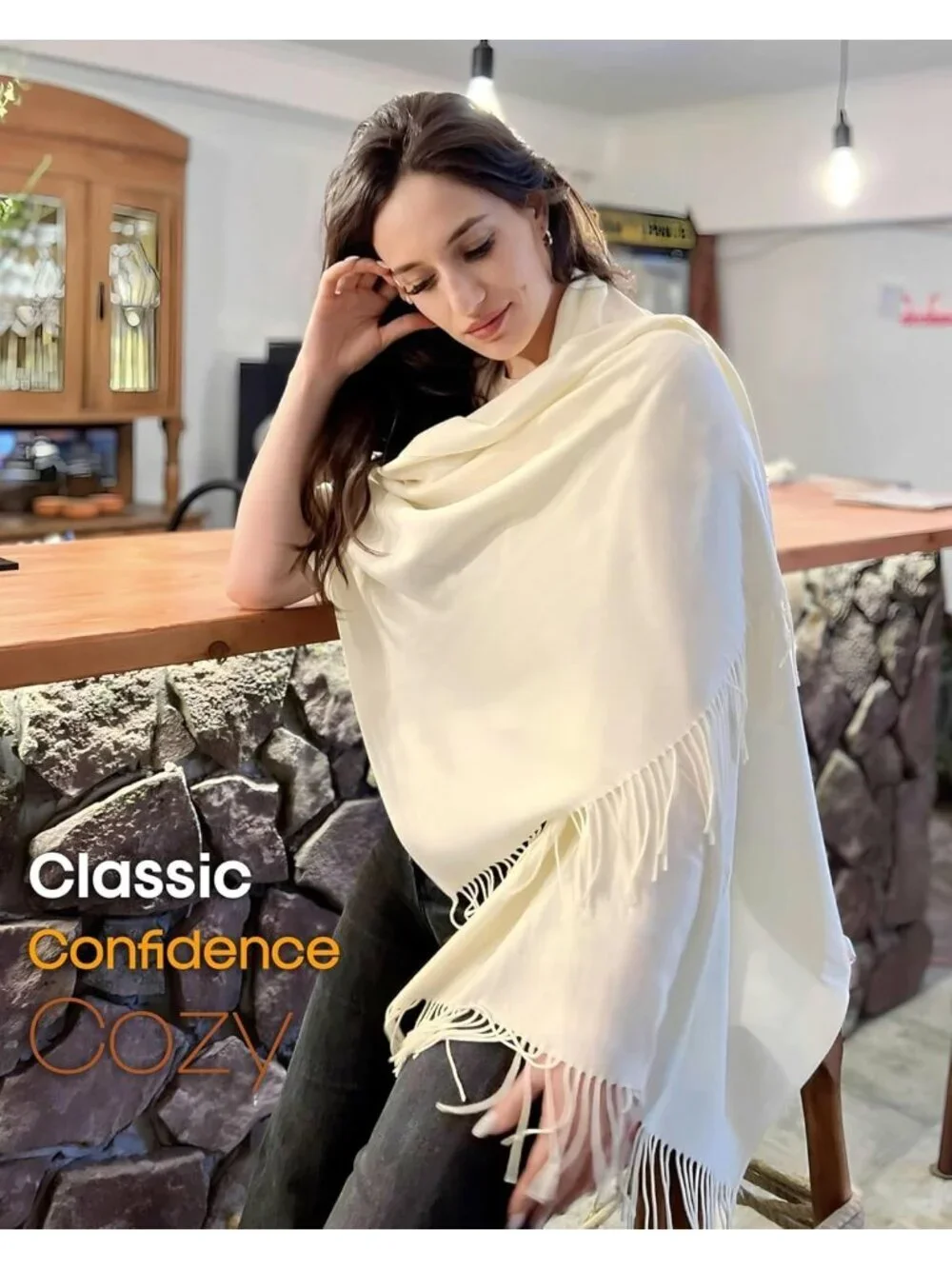 Women's Cream Evening Dresses Blanket Imported Pashmina Shawl Scarves